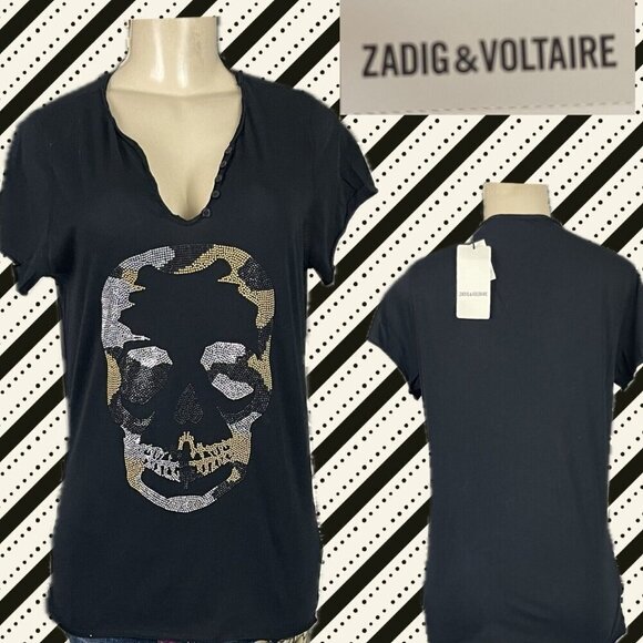 Zadig & Voltaire L Black Skull Metallic Camo Split Neck Cotton Short Sleeve Tee - Picture 1 of 6